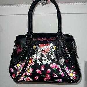 Ed Hardy Black and Pink Skull Floral Tote Bag